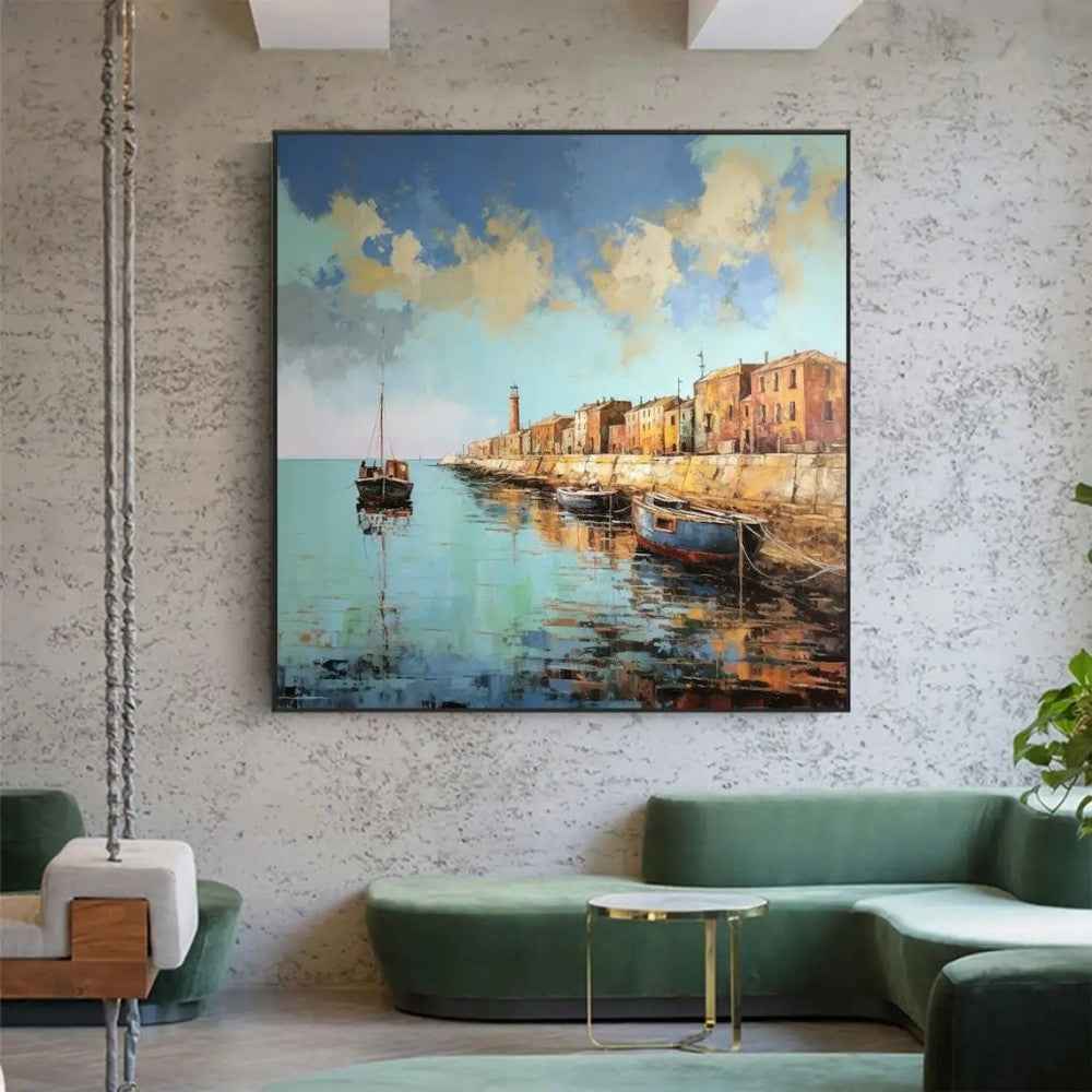 Landscape Oil Painting On Canvas Abstract Pier Scenery Wall Art Custom Boat Painting Bedroom Large Wall Decor Gift Painting